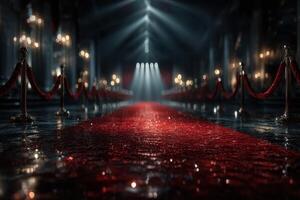 Elegant red carpet setup with ambient lighting in lavish venue for upcoming event or gala night photo