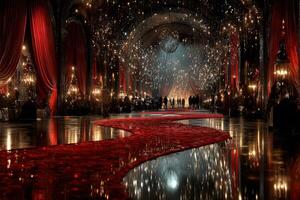 Elegant ballroom filled with guests enjoying a glamorous event at night under sparkling chandeliers photo