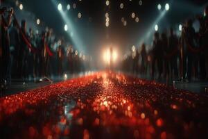 Elegantly lit red carpet event featuring guests awaiting a special arrival in an upscale venue photo