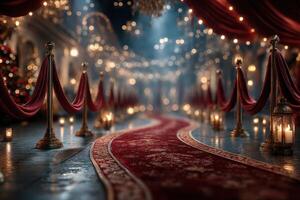 Elegant red carpet leads through a beautifully lit venue adorned with festive lights and drapes for a glamorous celebration photo