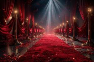 Elegant red carpet path illuminated by spotlights in a luxurious venue surrounded by curtains and rose petals photo