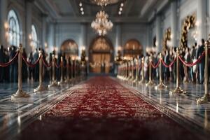 Luxurious venue features red carpet and elegant decor for upscale event in city center during evening hours photo