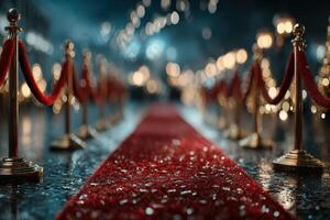 Elegant red carpet leading to a glamorous venue at night with soft lighting and decorative ropes photo