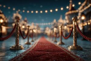 Elegant red carpet with velvet ropes leads to a festive event illuminated by string lights at night photo