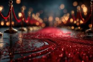 Elegant red carpet with glistening details and soft bokeh lights at an upscale event location photo