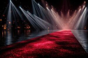 Sparkling red carpet runway illuminated by dramatic spotlights for a fashion event in a glamorous venue photo
