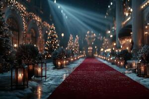 Elegant winter event pathway with festive decorations and glowing lights during the holiday season photo