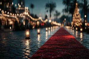 Elegant pathway lined with lanterns leading to a Christmas celebration at dusk in a festive atmosphere photo