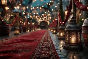 Elegant red carpet event illuminated by lanterns in a festive evening setting with rustic barrels and twinkling lights photo