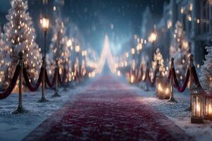 Enchanted winter pathway illuminated by lanterns and decorated trees during a festive evening celebration photo