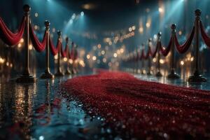 Elegant red carpet leading to an upscale venue adorned with glimmering lights and velvet ropes during a formal evening event photo