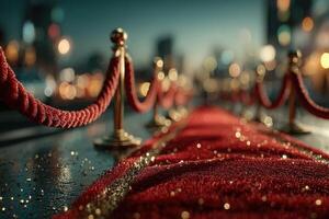 Red carpet awaits guests at a glamorous nighttime event in a bustling city photo