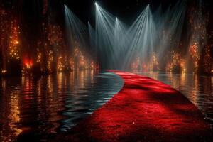 Dramatic red carpet leading to a spotlight in a mystical setting with reflections on water photo