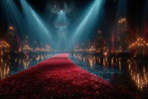 Elegant red carpet leading to a lavish ballroom illuminated by soft lights during a grand evening event photo