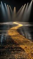 Golden pathway illuminated by spotlights in an empty performance space during a nighttime event photo