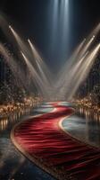 Stunning illuminated pathway with red carpet and golden lights at an elegant evening event in a lavish venue photo