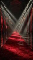 Red carpet event in an elegant hall with dramatic lighting and luxurious decor set for a prestigious gathering photo