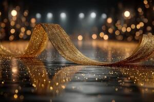 Shimmering gold ribbon on reflective surface with sparkling lights in the background during evening celebration photo