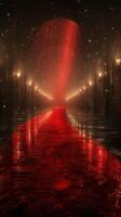 Mystical red carpet leading through a dimly lit corridor with sparkling elements in a grand setting photo