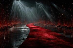 Stunning red carpet pathway illuminated by dramatic lights in a dark venue setting during an evening event photo