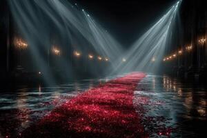 Stunning red carpet setup in a grand hall illuminated by dramatic lighting photo