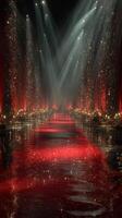 Elegant red carpet event with shimmering lights and reflections in a grand venue at night photo