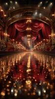 Grand theater decorated for a festive celebration with shimmering lights and holiday trees in a luxurious setting photo