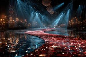Sparkling pathway illuminated by beams of light at an elegant event venue during a nighttime gathering photo