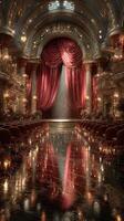 Elegant theater interior featuring rich red curtains and ornate decorations with warm lighting in an ornate performance space photo