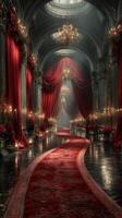 Grand interior with red drapes and elegant chandeliers in a luxurious setting photo