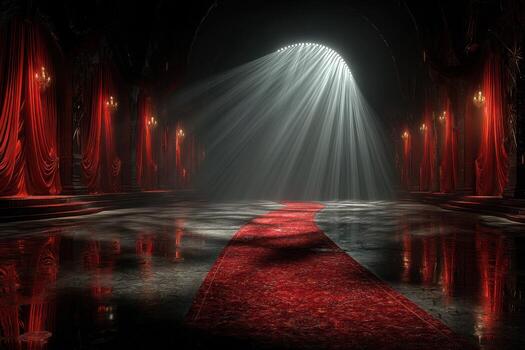 Mysterious red carpet illuminated by beams of light in an elegant dimly lit hall with ornate curtains photo