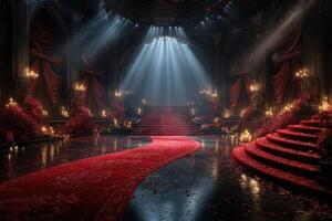 Grand red carpet hall adorned with flowers and candles illuminated by soft beams of light during an elegant evening event photo