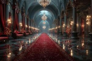 Luxurious ballroom with opulent chandeliers and a grand carpet illuminated by soft lighting photo