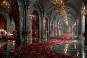 Opulent hallway adorned with chandeliers and rich carpets in an elegant palace setting photo