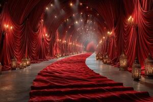 Elegant red draped corridor with lanterns creates a mysterious atmosphere for an event photo