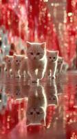 White kittens walk in a line over a reflective surface surrounded by red decorations during a festive celebration photo