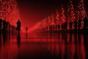 People walking along a glowing red pathway lined with illuminated trees during evening hours photo