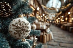 Festive decorations highlight a winter market with twinkling lights and holiday cheer in a cozy shopping district photo