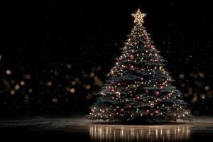 Holiday celebration with a beautifully lit Christmas tree adorned with ornaments and a star on top during nighttime photo