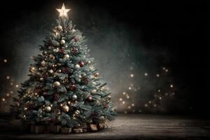Elegant Christmas tree adorned with ornaments and lights in a cozy dark setting photo