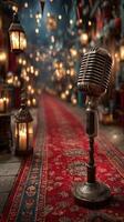 Vintage microphone stands in a beautifully lit alleyway adorned with lanterns and rich carpets in an enchanting evening setting photo