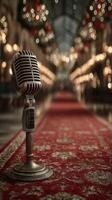 Vintage microphone on ornate carpet in grand hall illuminated by soft lights during evening event photo