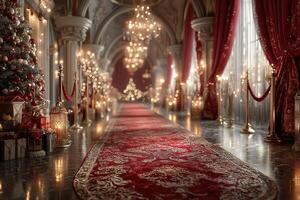 Elegant hallway decorated for a festive celebration with rich colors and lights in an opulent setting photo
