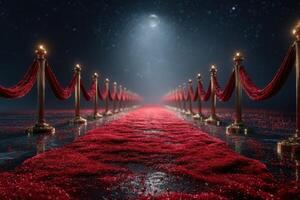 Red carpet pathway illuminated by soft lighting and surrounded by velvet ropes creating an elegant atmosphere photo