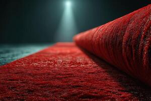 Vibrant red carpet unfurled in a dimly lit space showcasing texture and detail with a spotlight illuminating the scene photo