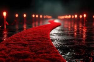 Red carpet pathway illuminated by glowing lights creates a dramatic atmosphere in an artistic setting at night photo