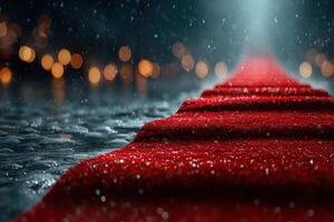 Red carpet leads through rain to a sparkling night during a glamorous event in an urban setting photo