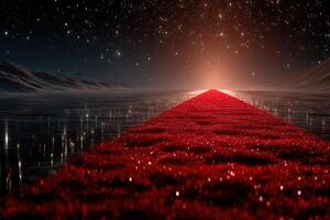 Red sparkling path leading towards a glowing horizon under a starry night sky photo