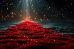 Luminous red pathway with sparkling details under soft lighting in a mysterious setting photo
