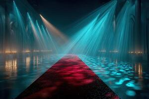 Dramatic light display illuminates a runway in a grand venue during a fashion event at night photo